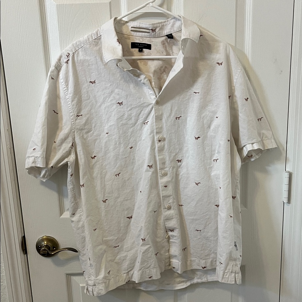 Ted Baker London Cream Short Sleeve Shirt with Dog Pattern